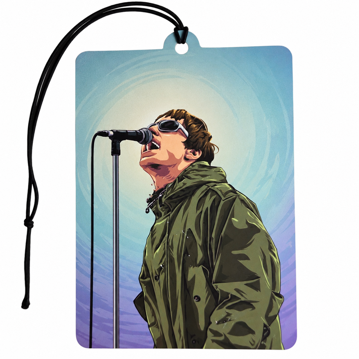 Liam Gallagher inspired car air freshener featuring a singer wearing a green parka jacket and sunglasses, singing into a microphone against a blue and purple background with black hanging cord.