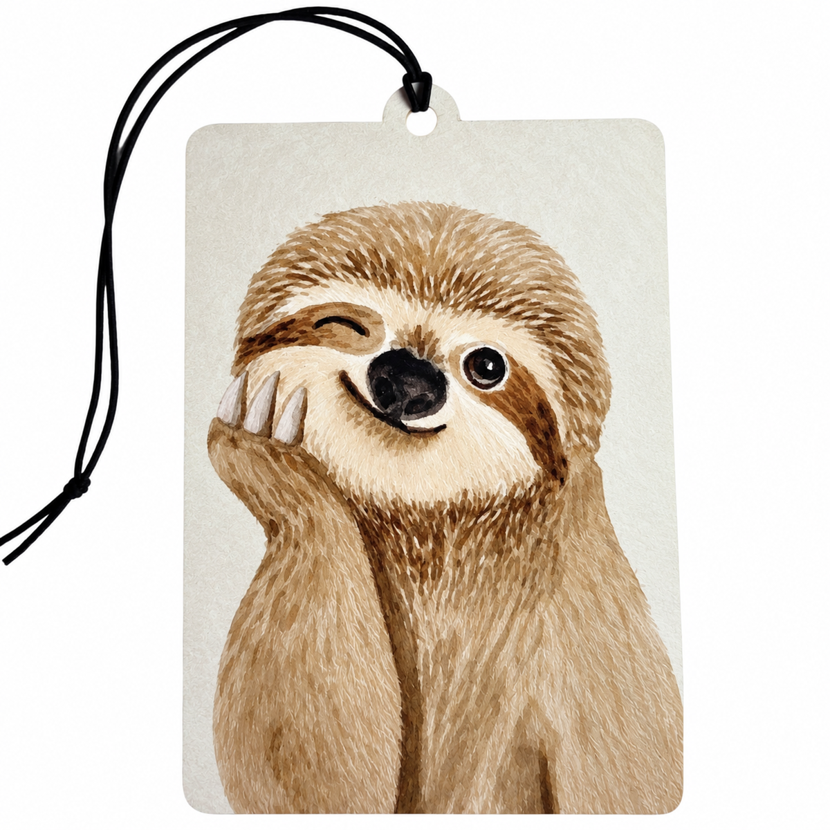 Cute sloth car air freshener featuring an adorable brown and cream watercolour sloth winking, smiling and resting its cheek on its paw, with black hanging cord.