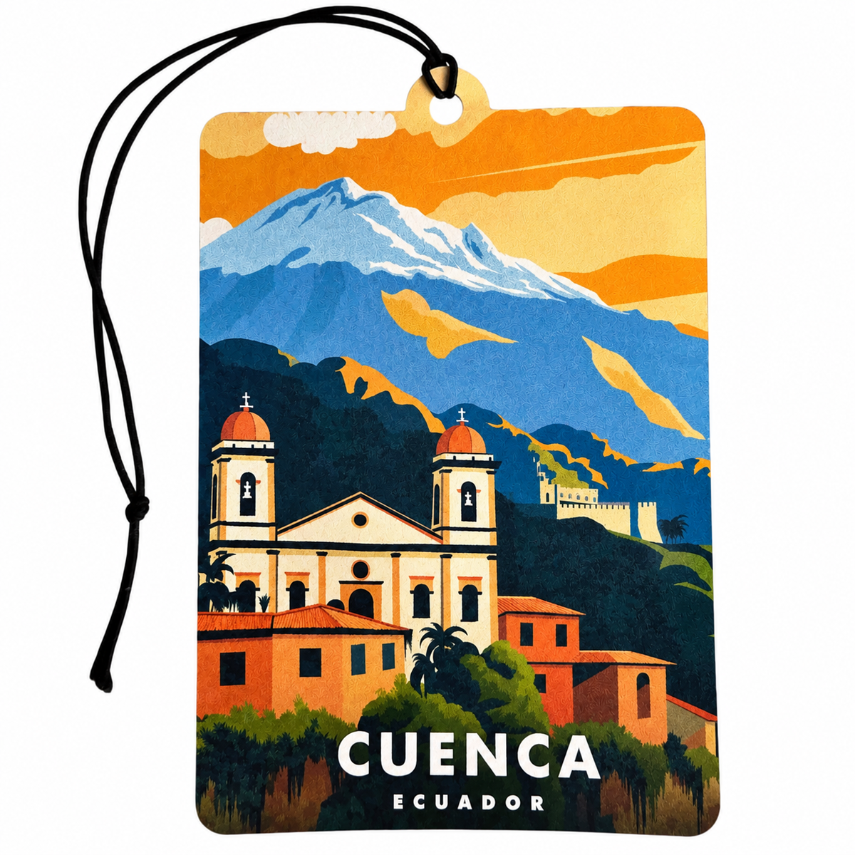 Cuenca Ecuador car air freshener featuring colourful vintage travel artwork with historic churches, terracotta rooftops, blue mountains, orange sunset sky and black hanging cord.