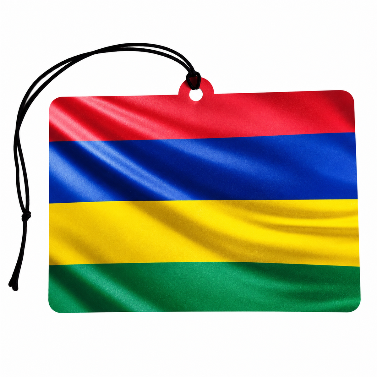 A rectangular car air freshener tag featuring the flag of Mauritania with four horizontal stripes in red, blue, yellow, and green, complete with a black hanging cord and red loop at the top, shown on a plain white background.