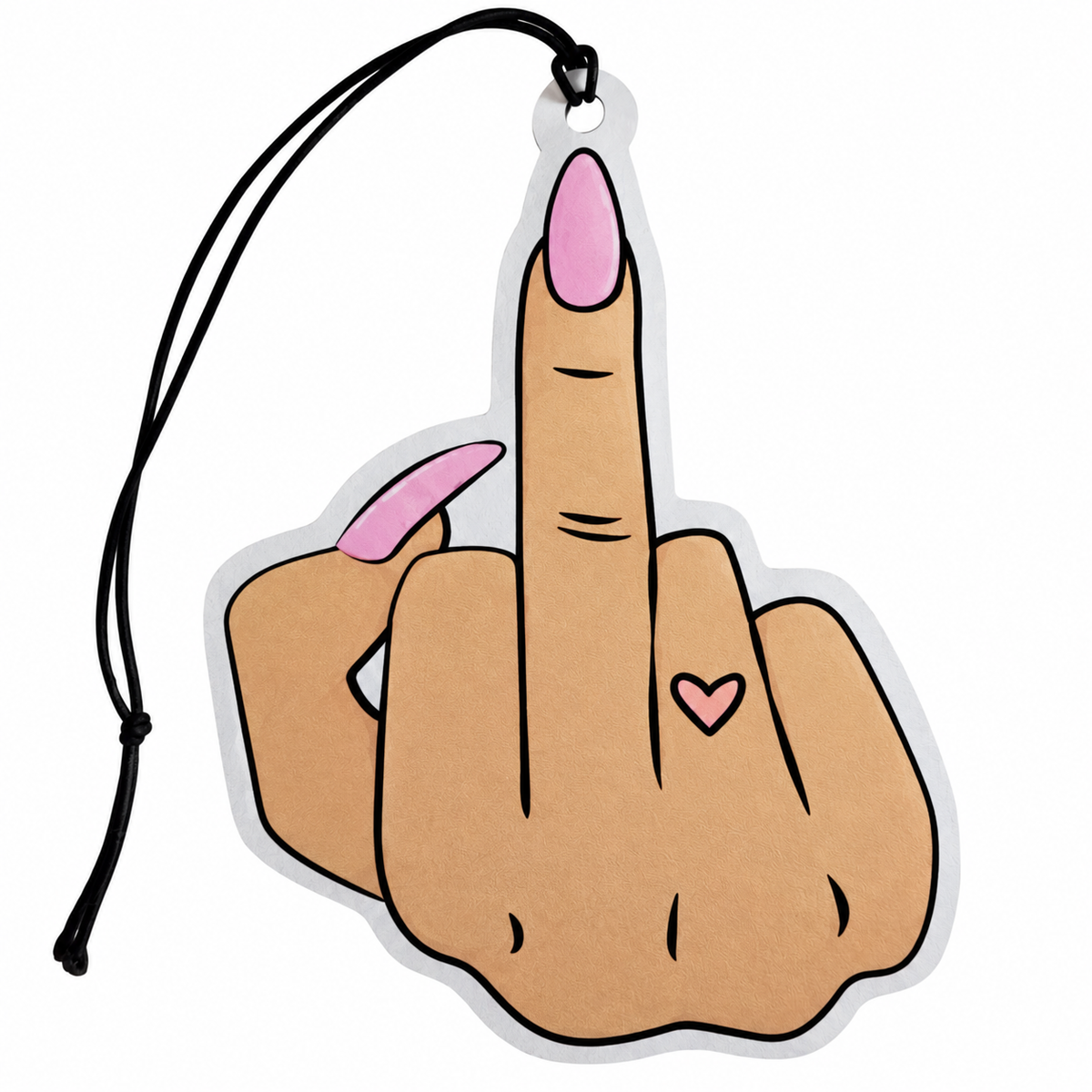 A novelty car air freshener or hanging tag shaped like a hand making the middle finger gesture. The hand is illustrated in a tan skin tone with pink fingernails and a small pink heart on the ring finger, outlined in black and suspended by a black cord on a white background.
