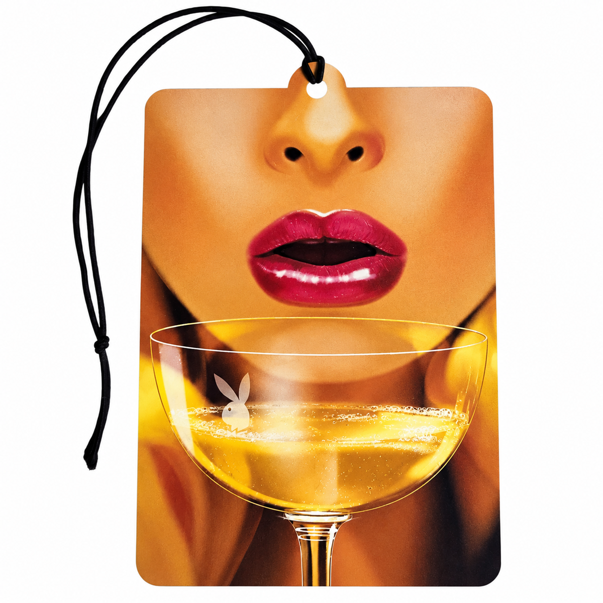 Playboy inspired car air freshener featuring glossy pink lips above a golden champagne glass with white bunny artwork, warm amber background and black hanging cord.