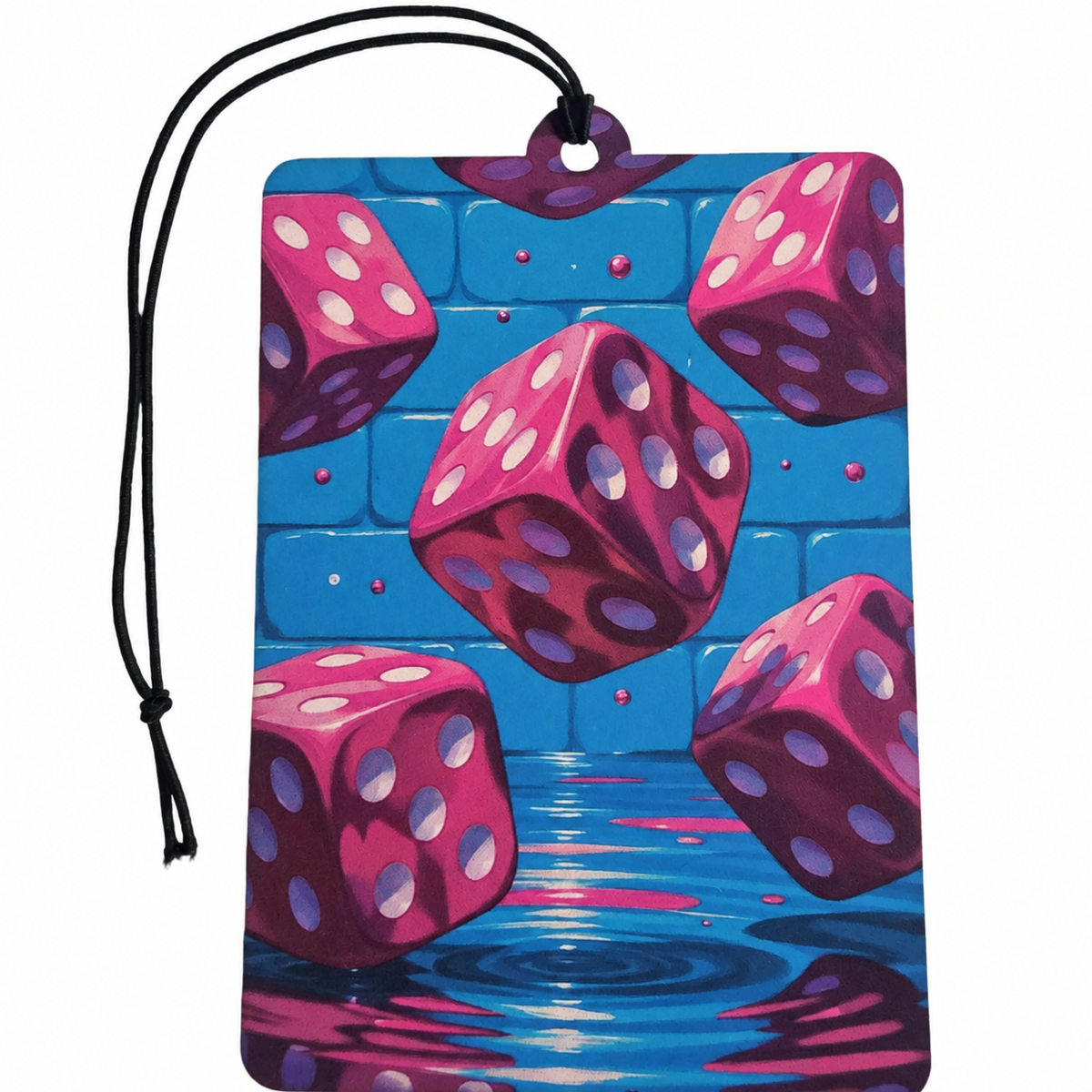 Pink dice car air freshener featuring vibrant floating pink dice with white dots against an electric blue tiled background with colourful reflections and a black hanging cord.