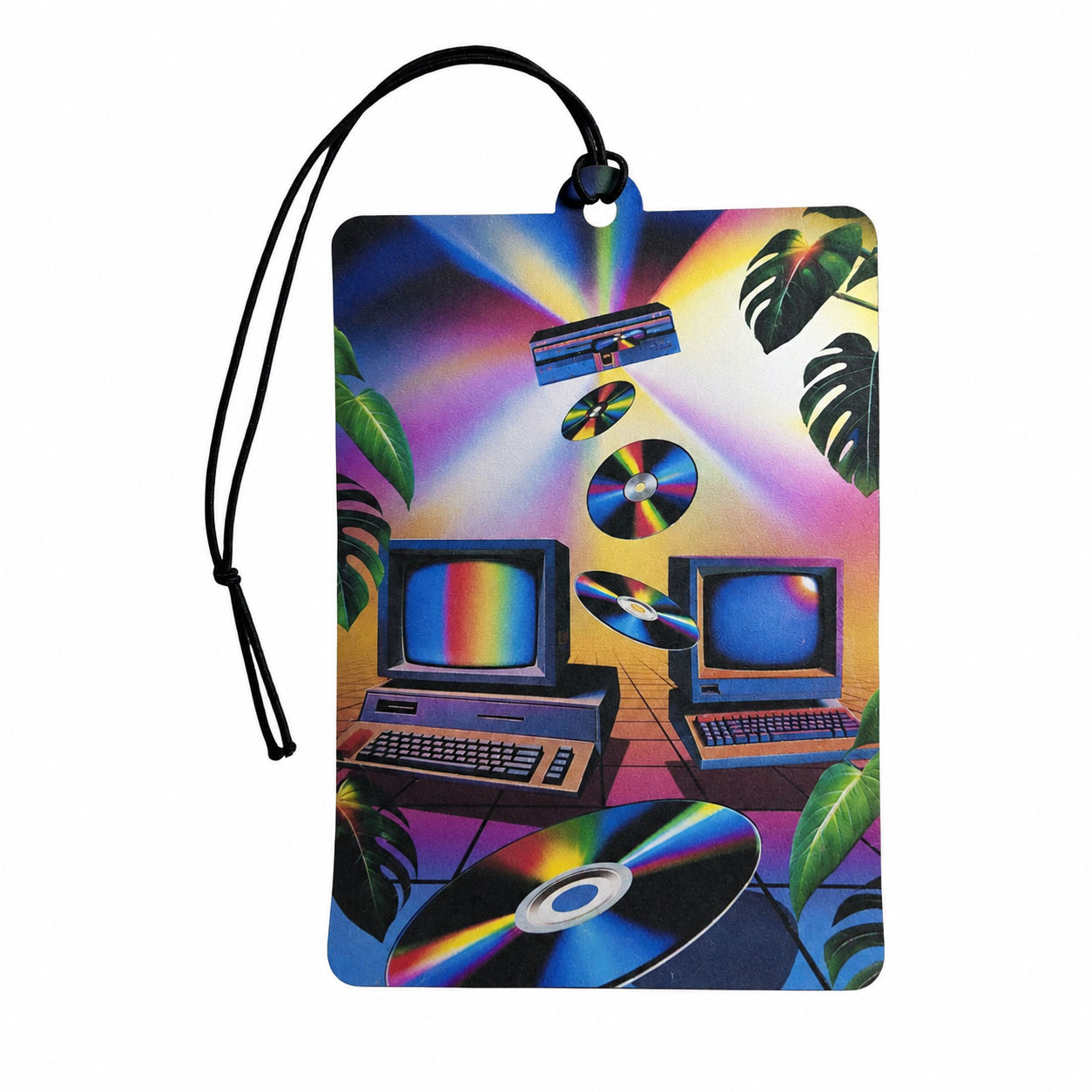 Retro 80s Vaporwave Computer & CD Hanging Tag – Vintage Tech Aesthetic Accessory