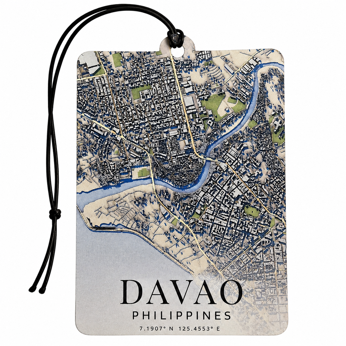 A rectangular car air freshener or luggage tag featuring a vintage-style map of Davao, Philippines, with a black hanging cord and the text 'DAVAO PHILIPPINES' printed at the bottom, shown on a plain white background.
