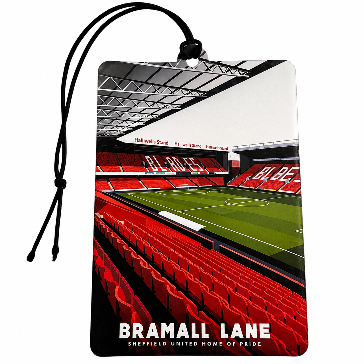 A rectangular printed luggage tag or car air freshener with a black hanging cord, featuring a stadium interior illustration in red and green with the text 'BRAMALL LANE' and 'SHEFFIELD UNITED HOME OF PRIDE' on a white background.