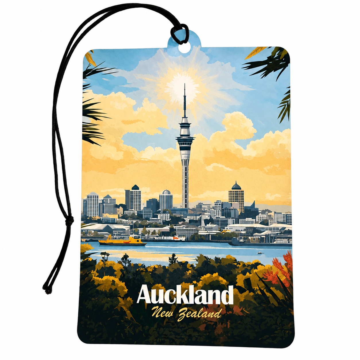 A rectangular car air freshener or luggage tag with a black hanging cord, printed with a stylized illustration of the Auckland skyline, including the Sky Tower, under a bright sun with clouds. The words 'Auckland New Zealand' are printed at the bottom.