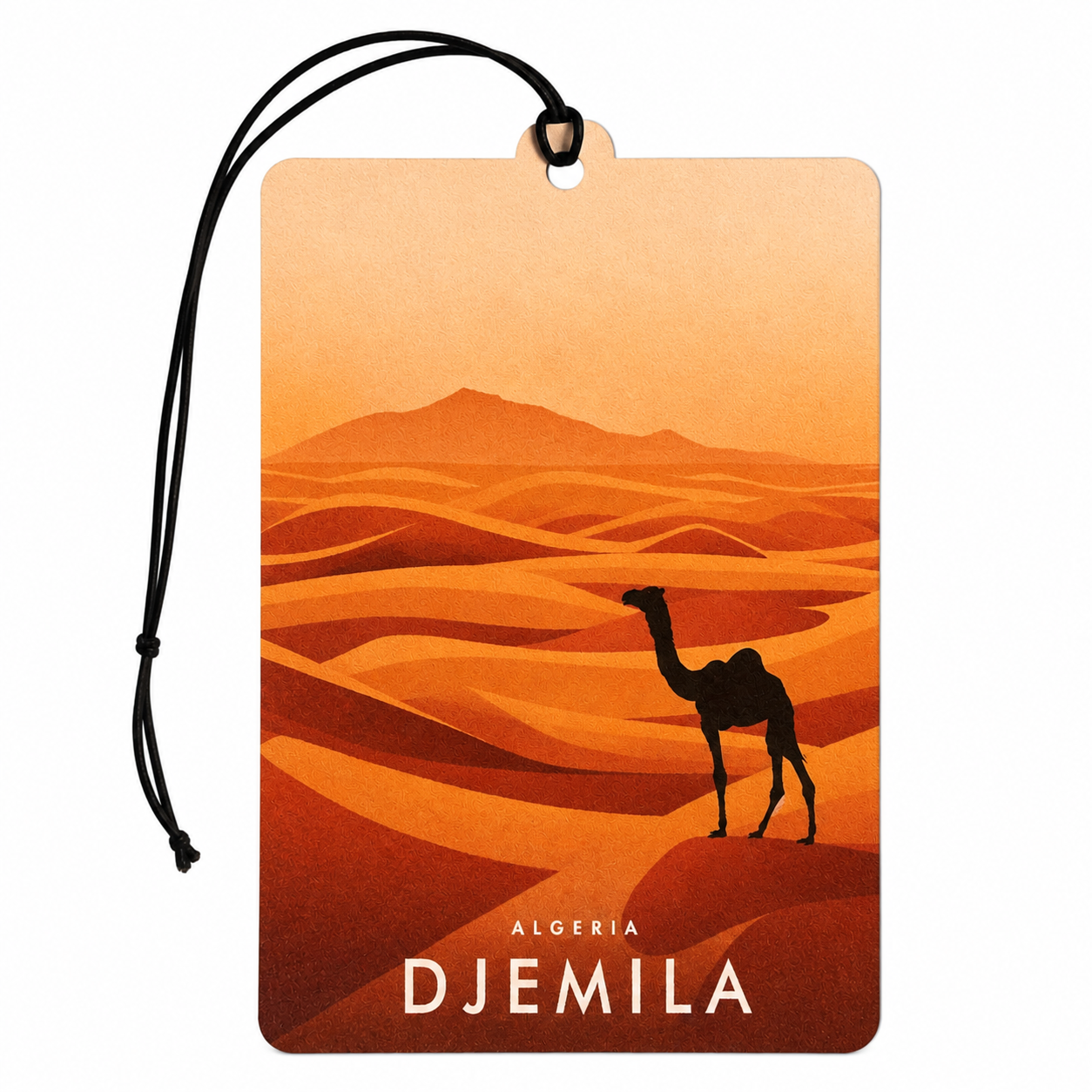 A rectangular travel tag or car air freshener with a black hanging cord, featuring an illustrated desert scene in orange and brown tones with a camel silhouette and the text 'ALGERIA DJEMILA' at the bottom, shown on a plain white background.