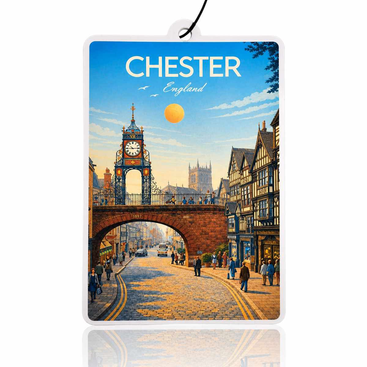 Car air freshener with Chester, England design featuring a clock tower and street scene.