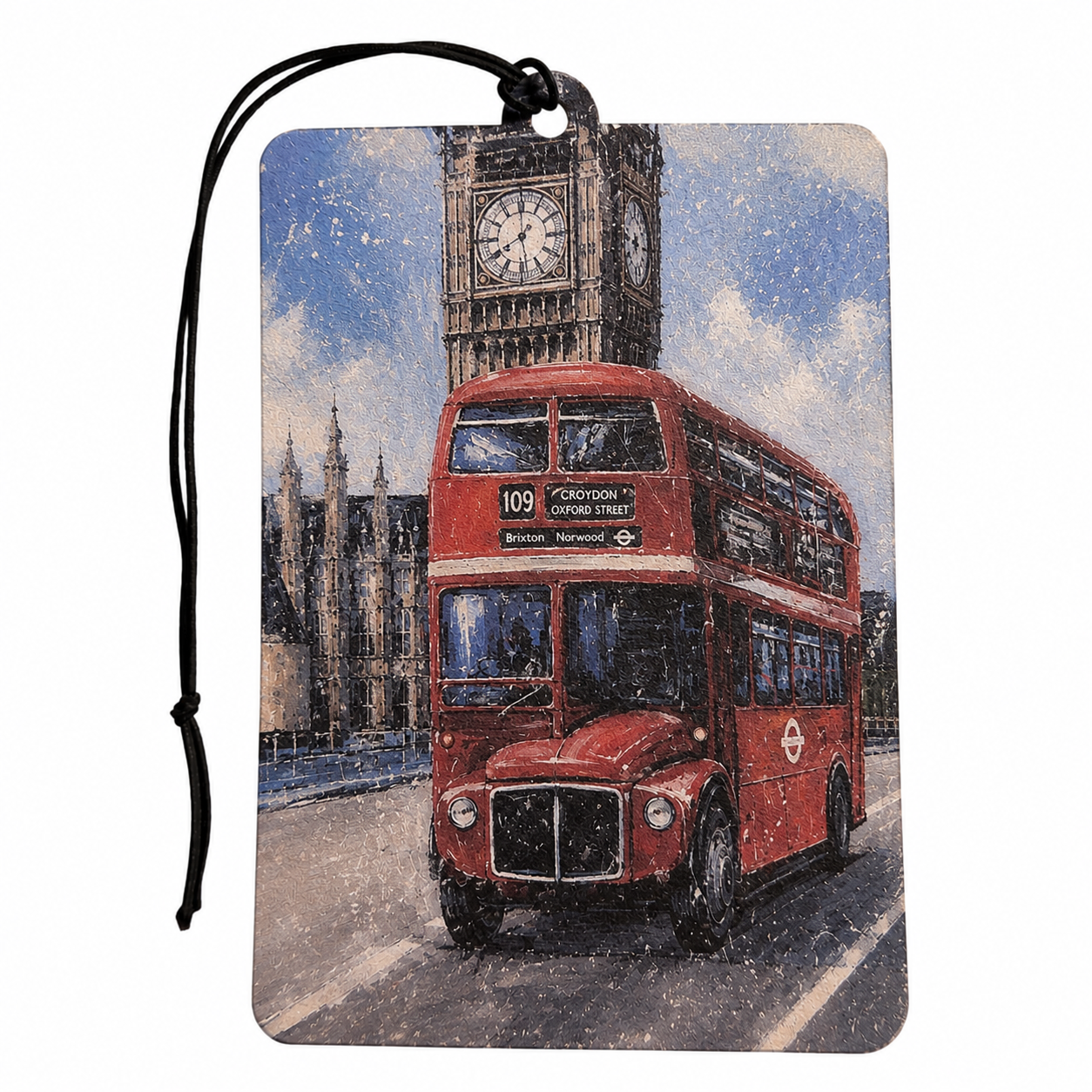 A rectangular luggage tag or car air freshener with rounded corners featuring a printed illustration of a classic red London double-decker bus in front of Big Ben. The tag has a black hanging loop at the top and is shown on a plain white background.