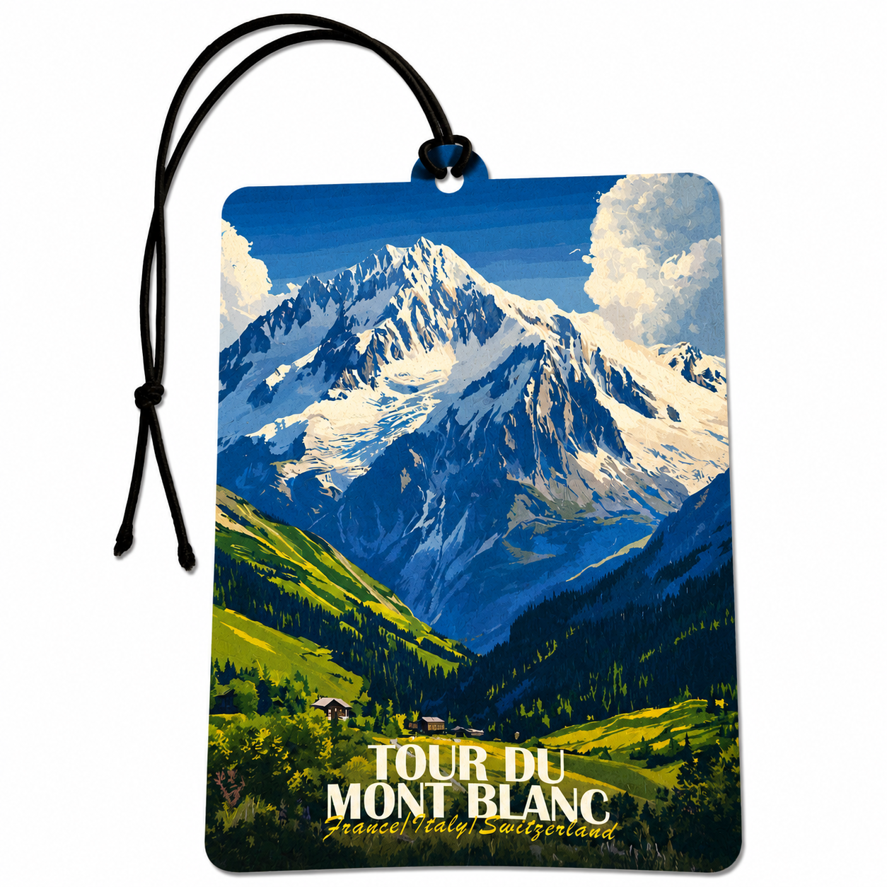 Tour du Mont Blanc inspired car air freshener featuring snow-covered Alpine mountains, green valleys, forests, chalets and wildflowers with France Italy Switzerland design.