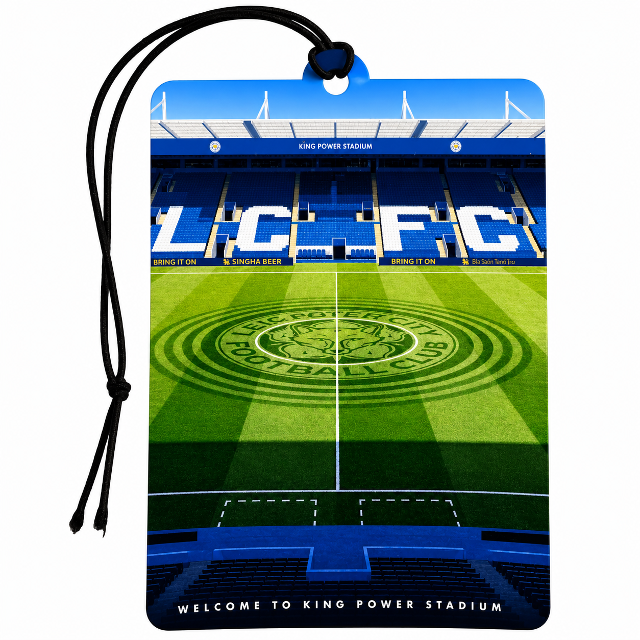 A rectangular luggage tag or car air freshener with a black hanging cord, printed with a scenic view of King Power Stadium at Celtic FC. The design features the blue and white stadium stands, the green pitch with the Celtic FC logo, and the text 'KING POWER STADIUM' and 'WELCOME TO KING POWER STADIUM'.