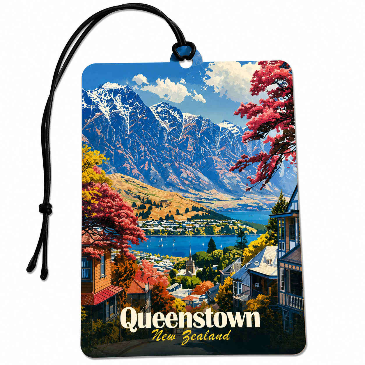 A rectangular car air freshener tag featuring a colorful scenic print of Queenstown, New Zealand, with a black hanging cord and the text 'Queenstown New Zealand' at the bottom, shown on a plain white background.