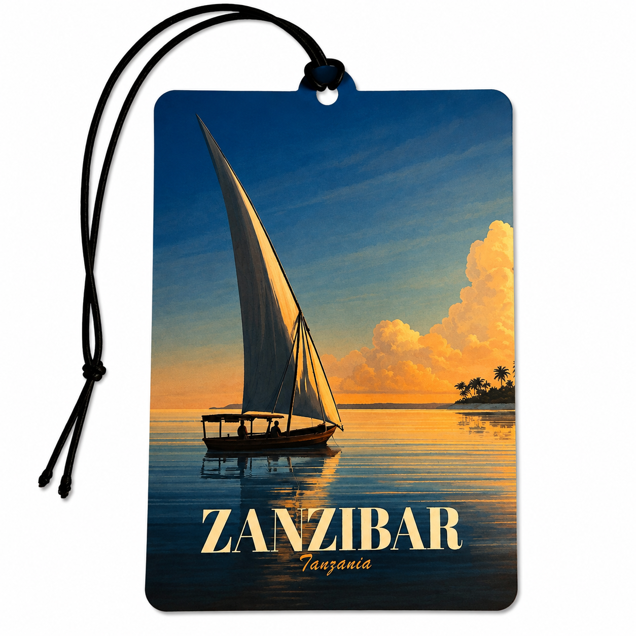 Zanzibar Tanzania inspired car air freshener featuring a traditional dhow sailing across calm tropical water at golden sunset with palm trees in the distance.