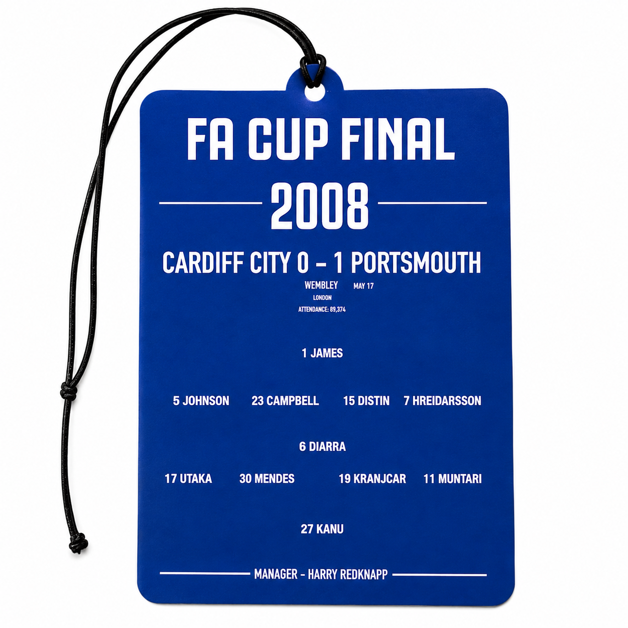 A blue FA Cup Final 2008 commemorative car air freshener with white text detailing the Cardiff City vs Portsmouth match and player names, hanging from a black cord on a white background.