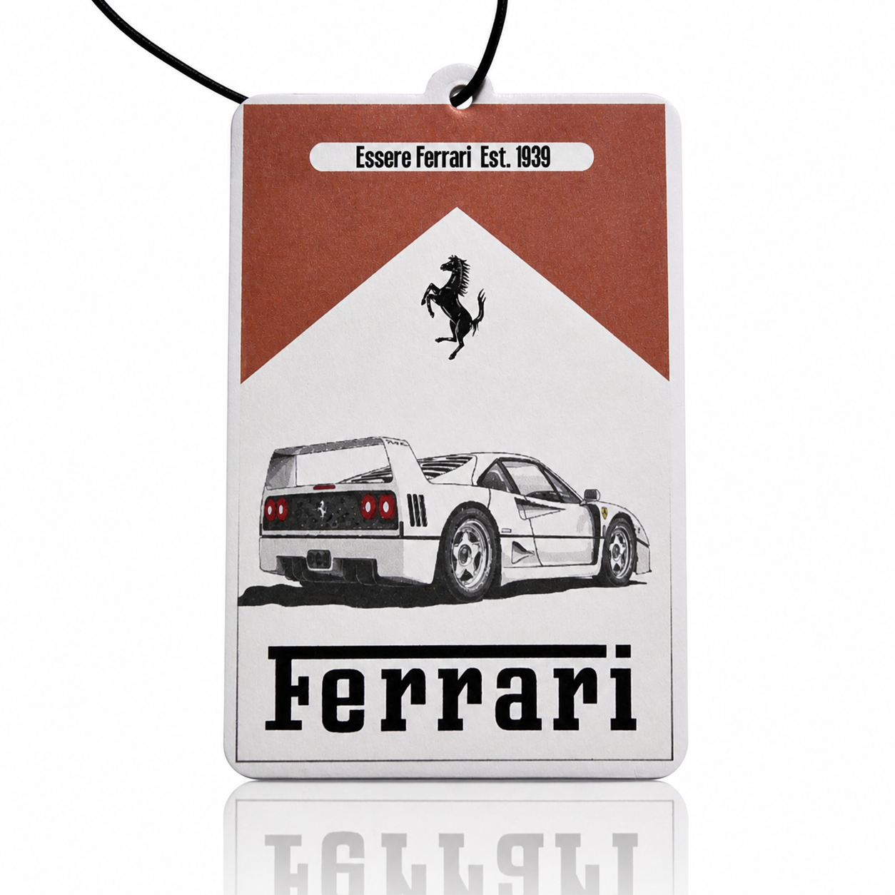 Ferrari f40 car air freshener with car illustration and brand logo on a white background