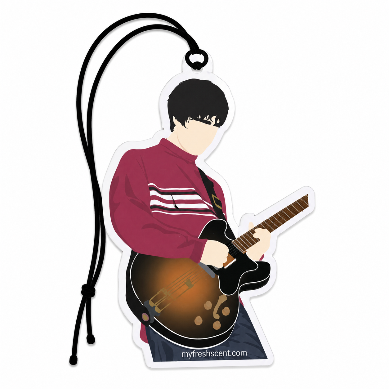 Minimalist Noel Gallagher inspired car air freshener with faceless guitar illustration.