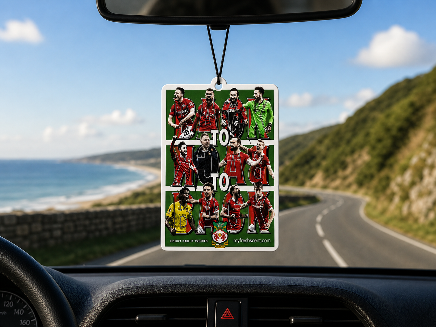 Wrexham afc back 2 back car air freshener hanging from mirror