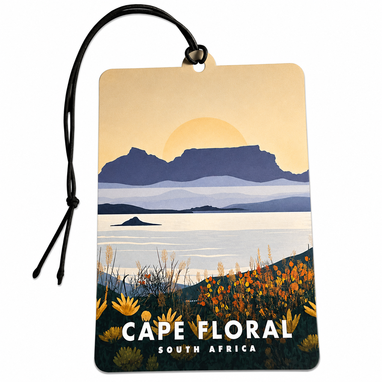 A rectangular car air freshener with a black hanging cord, featuring a stylized landscape illustration of Cape Floral, South Africa, with mountains, water, a sun, and wildflowers. The text 'CAPE FLORAL SOUTH AFRICA' appears at the bottom.