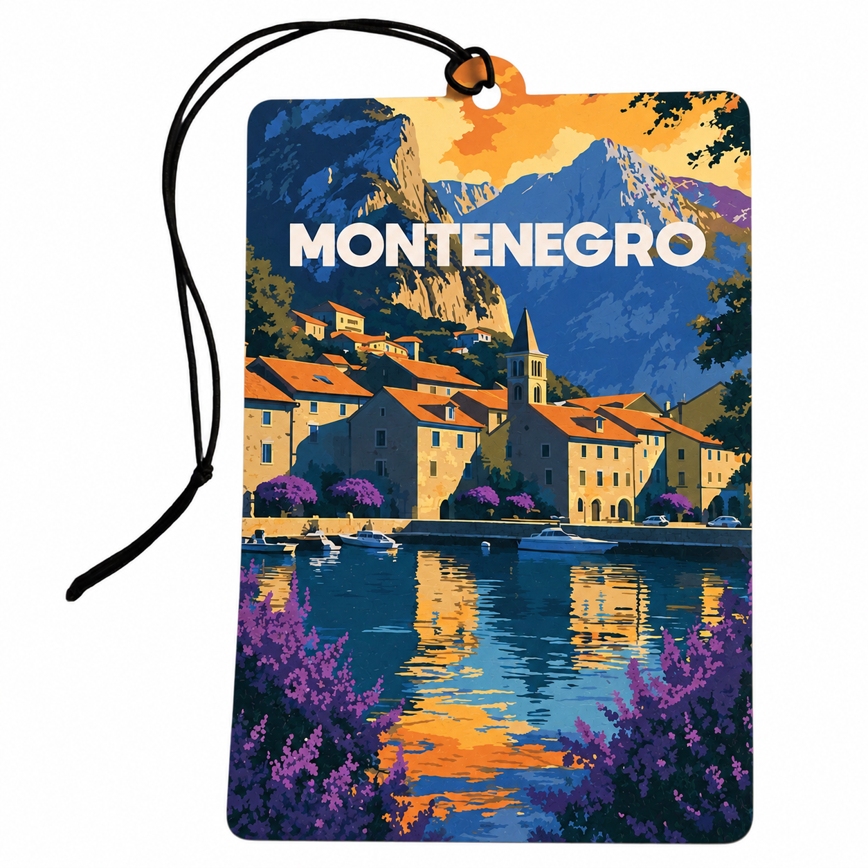 A rectangular travel tag or car air freshener with a black hanging cord, featuring a colorful illustrated scenic view of Montenegro with mountains, water, buildings, and the word "MONTENEGRO" in large white letters.