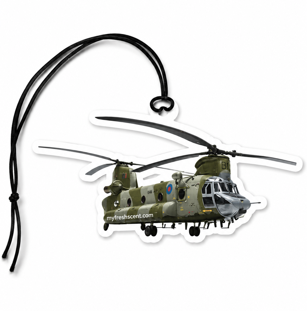 Boeing Chinook RAF military helicopter hanging car air freshener featuring a detailed tandem-rotor aircraft design with hanging cord.