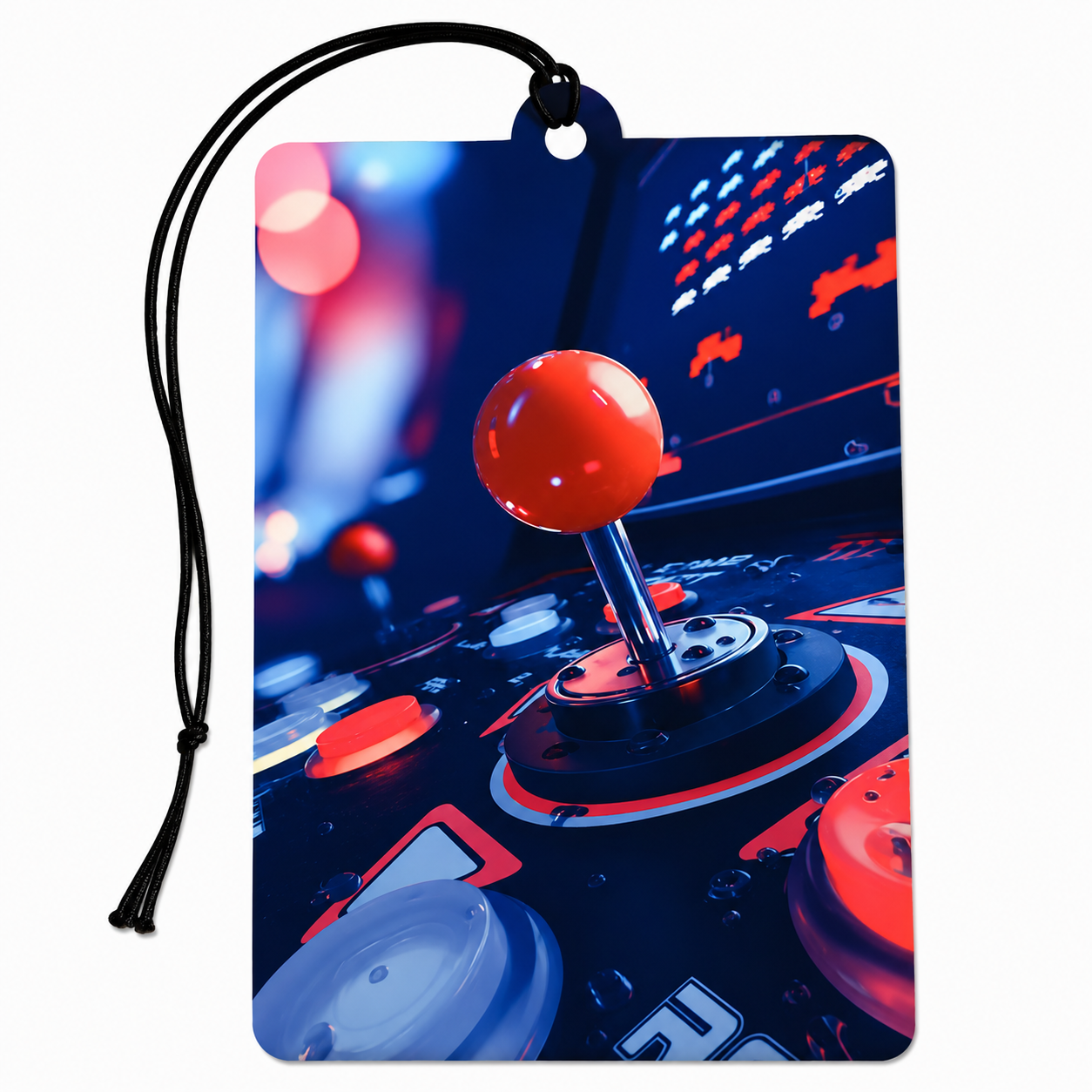 A rectangular car air freshener or tag with rounded corners, featuring a printed graphic of a red arcade joystick on a dark blue console. The tag has a black hanging cord and is shown against a plain white background.