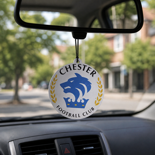 Chester FC car air freshener round tag with blue crest logo hanging from car rear view mirror