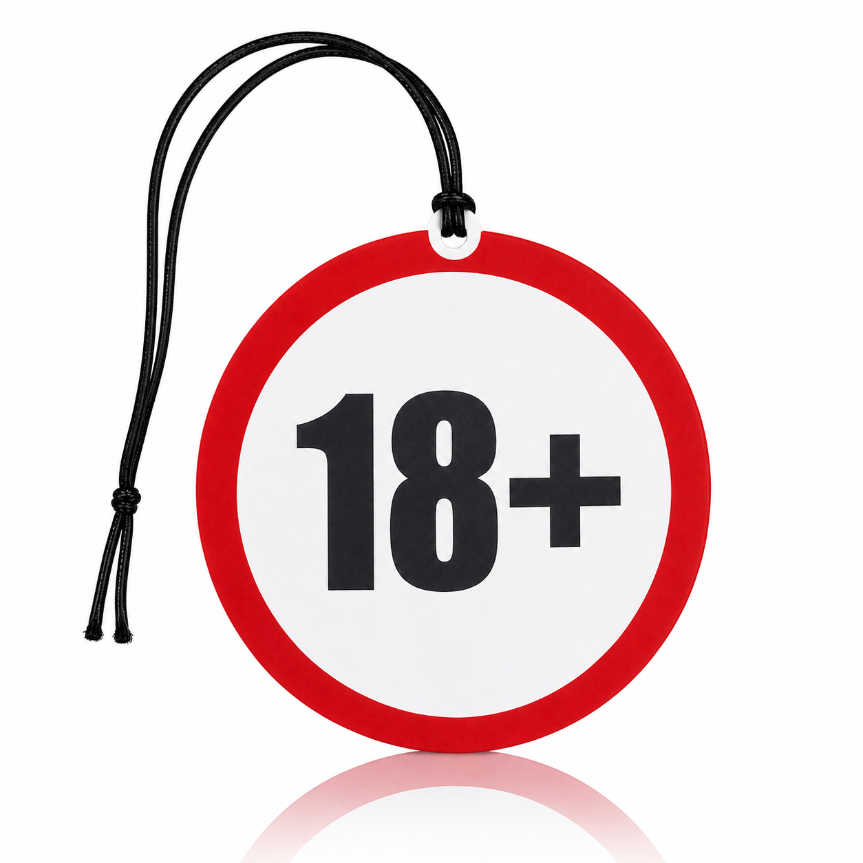 A circular 18+ age restriction sign with a red border, white center, and bold black text, suspended by a black cord on a white background.