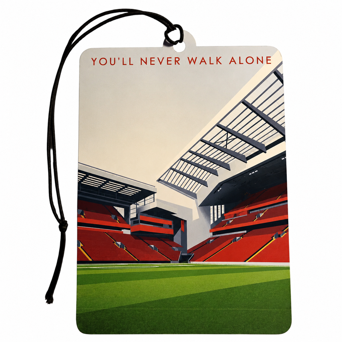 A rectangular printed car air freshener or luggage tag with a black hanging cord, featuring a stylized illustration of a stadium interior with red seats, green grass, and the text 'YOU'LL NEVER WALK ALONE' at the top, shown on a white background.