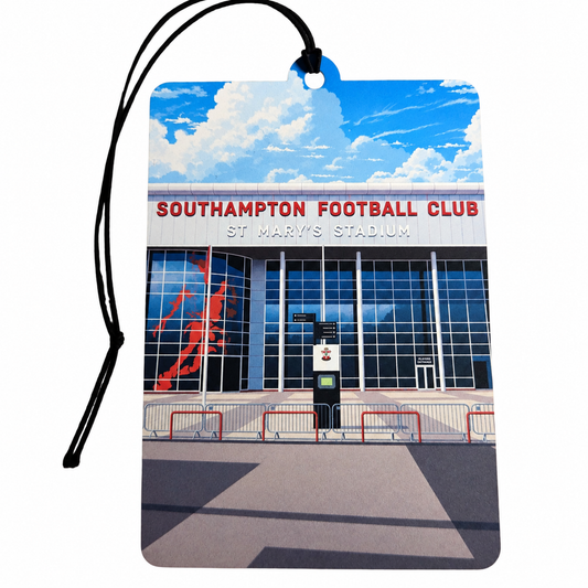 Southampton FC inspired car air freshener featuring St Mary's Stadium entrance, red Southampton Football Club lettering, blue sky and black hanging cord.