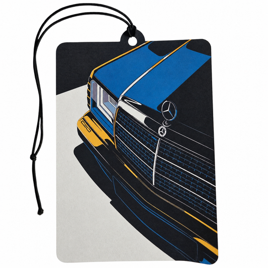 Mercedes-Benz inspired car air freshener featuring a classic front grille, star bonnet emblem, blue and black bodywork, gold detailing and black hanging cord.