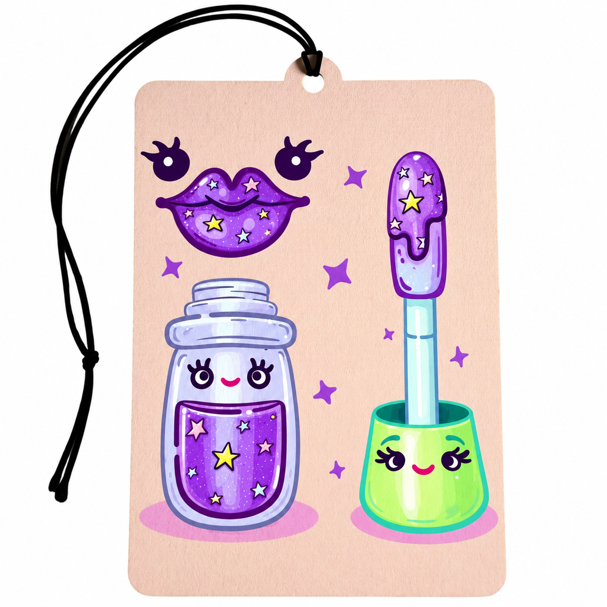 Kawaii makeup car air freshener featuring glittery purple lips, smiling makeup jar, purple nail polish wand, pastel stars and black hanging cord.