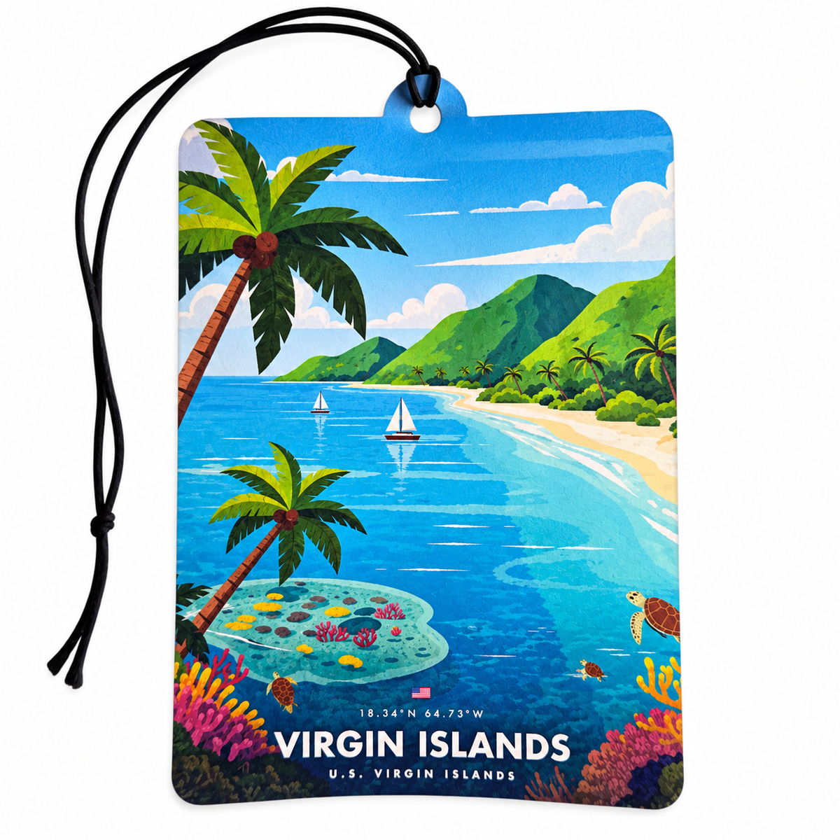 A rectangular car air freshener tag with a black hanging cord, printed with a colorful tropical Virgin Islands beach scene. The design shows palm trees, blue ocean, sailboats, mountains, beach, coral, and the text 'VIRGIN ISLANDS' and 'U.