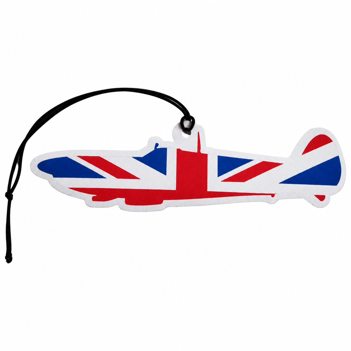 Supermarine Spitfire-shaped car air freshener featuring the iconic British WW2 fighter plane silhouette decorated in red, white and blue Union Jack colours with a black hanging cord.
