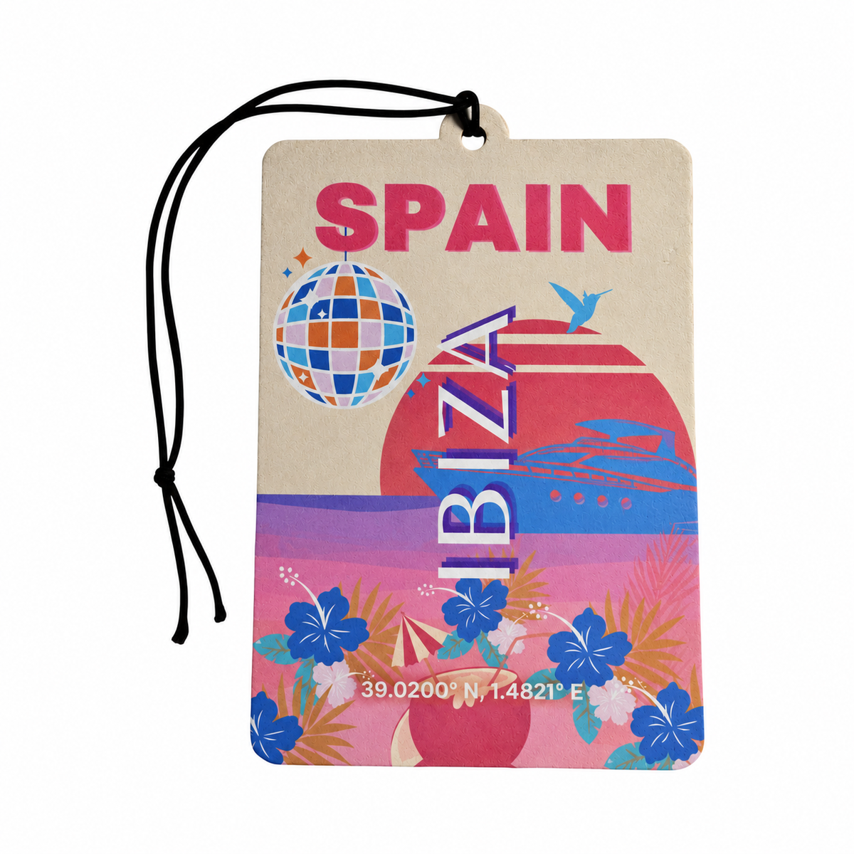 Ibiza Spain hanging car air freshener featuring retro pink sunset, blue yacht, disco ball and tropical flowers with black hanging string.