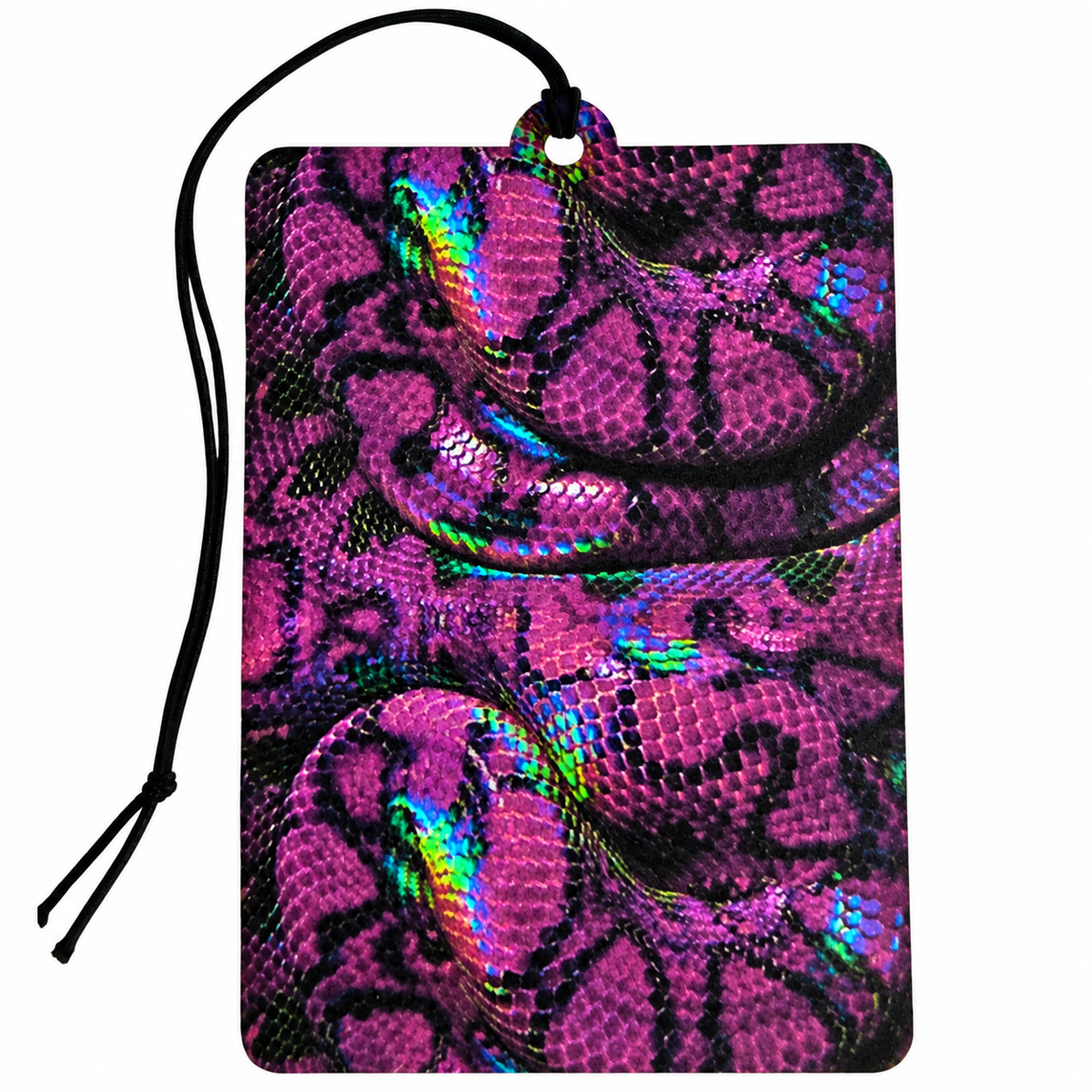 Purple snakeskin car air freshener featuring a detailed black and magenta reptile-scale pattern with vibrant rainbow blue, green and iridescent-style highlights, rectangular shape and black hanging cord.