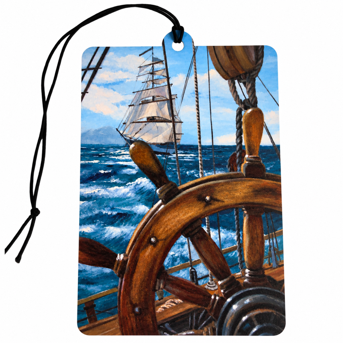 Vintage sailing ship car air freshener featuring a traditional wooden ship's wheel, ropes and rigging in the foreground, a tall sailing ship on blue ocean waves and a black hanging cord.