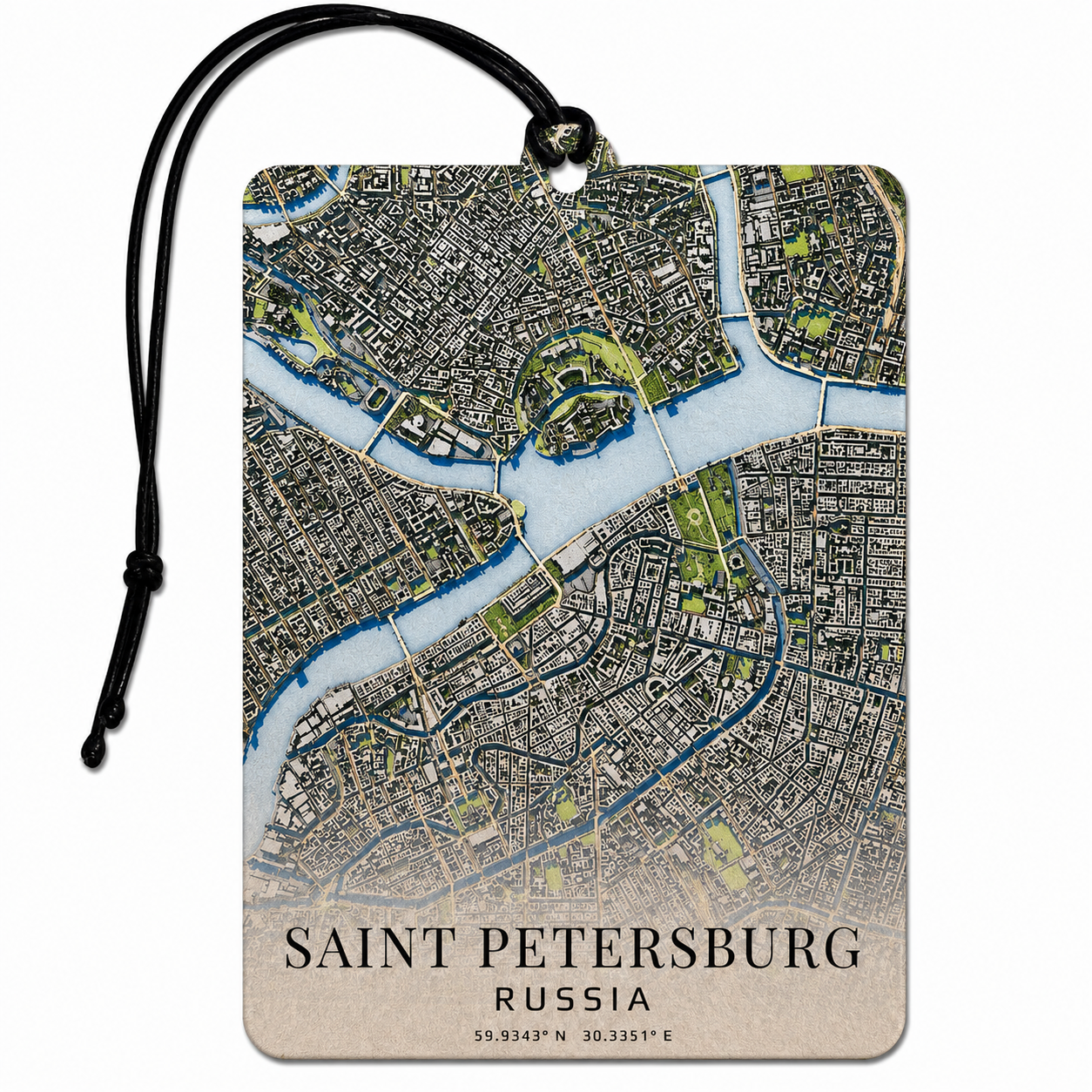 A rectangular luggage tag featuring a vintage-style map of Saint Petersburg, Russia, with a black hanging cord and the text 'SAINT PETERSBURG RUSSIA' printed at the bottom, shown on a plain white background.