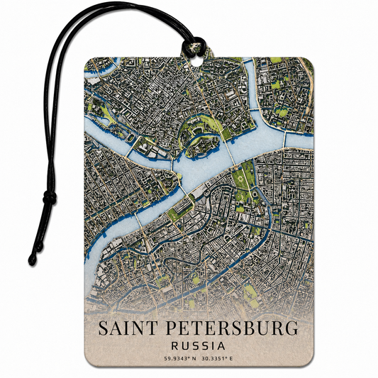 A rectangular luggage tag featuring a vintage-style map of Saint Petersburg, Russia, with a black hanging cord and the text 'SAINT PETERSBURG RUSSIA' printed at the bottom, shown on a plain white background.