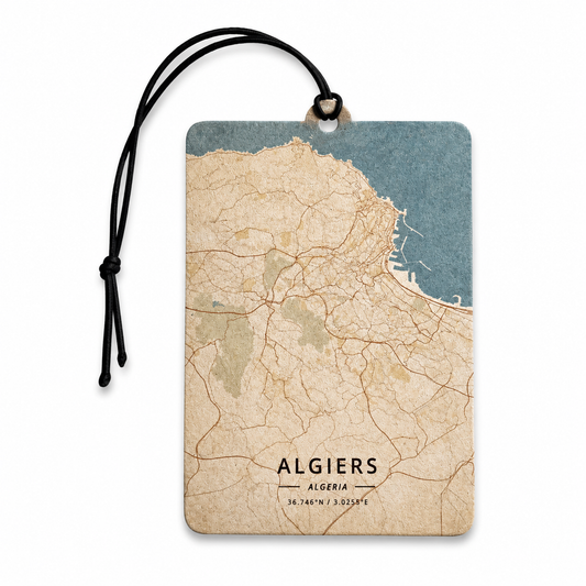 A rectangular map-shaped car air freshener featuring Algeria's Algiers coastline in a vintage beige and blue design, with a black cord loop at the top.