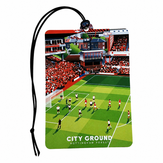 A rectangular car air freshener or luggage tag with a black hanging cord, printed with a colorful illustrated soccer stadium scene and the text 'CITY GROUND NOTTINGHAM FOREST' at the bottom, shown on a plain white background.