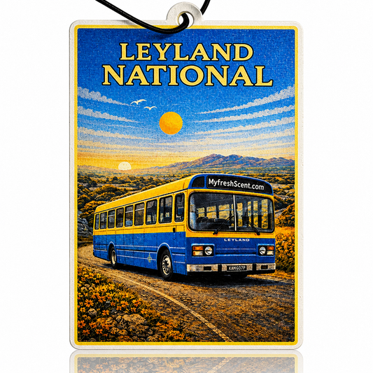 Car air freshener featuring a Leyland National bus on a scenic background with 'MyfreshScent.com' branding.