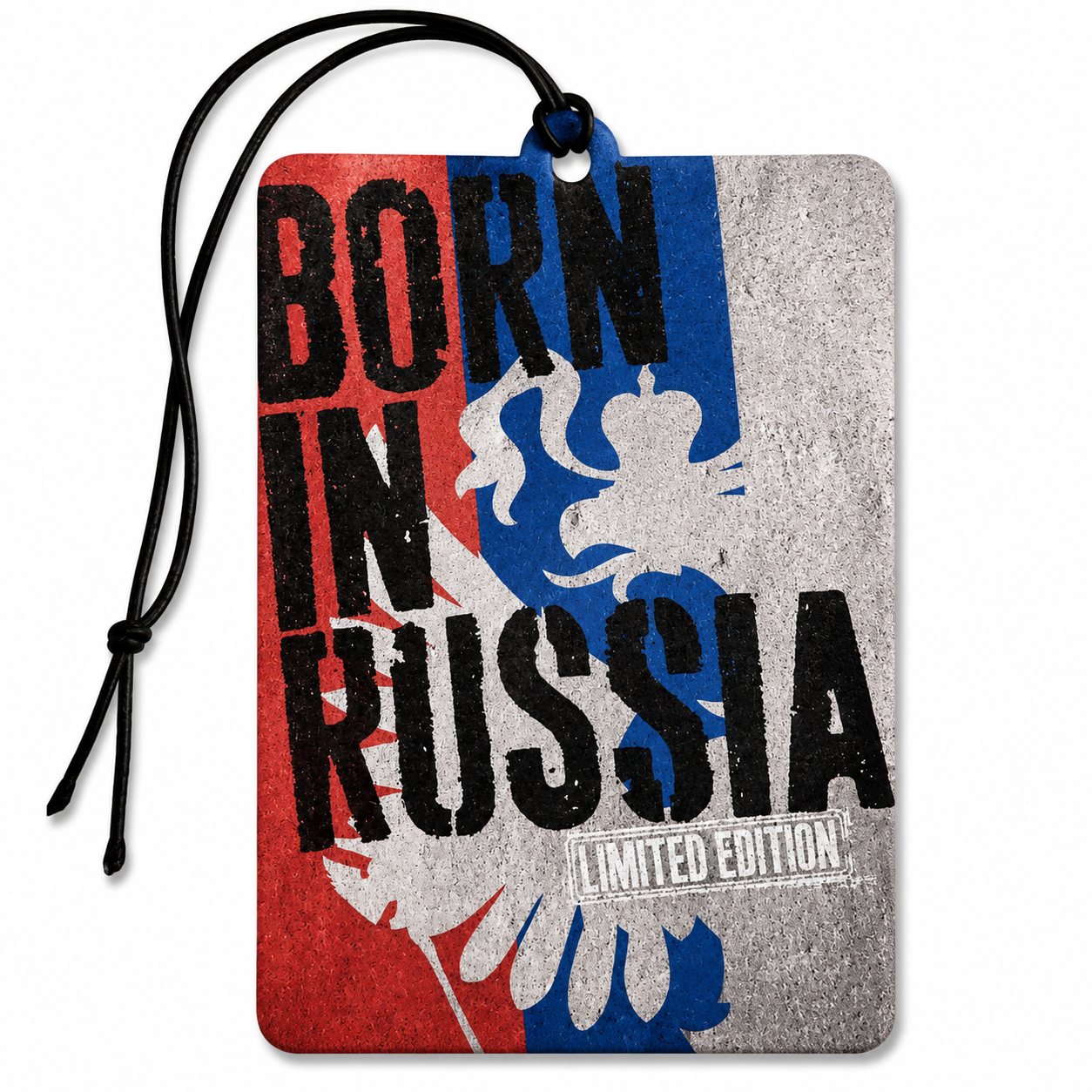Born in Russia car air freshener with Russia-inspired red, white and blue distressed design, eagle graphic and Limited Edition lettering.