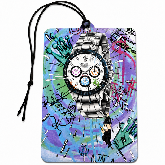 A rectangular car air freshener tag featuring a colorful graffiti-style illustration of a wristwatch, with a black hanging cord, shown on a plain white background.