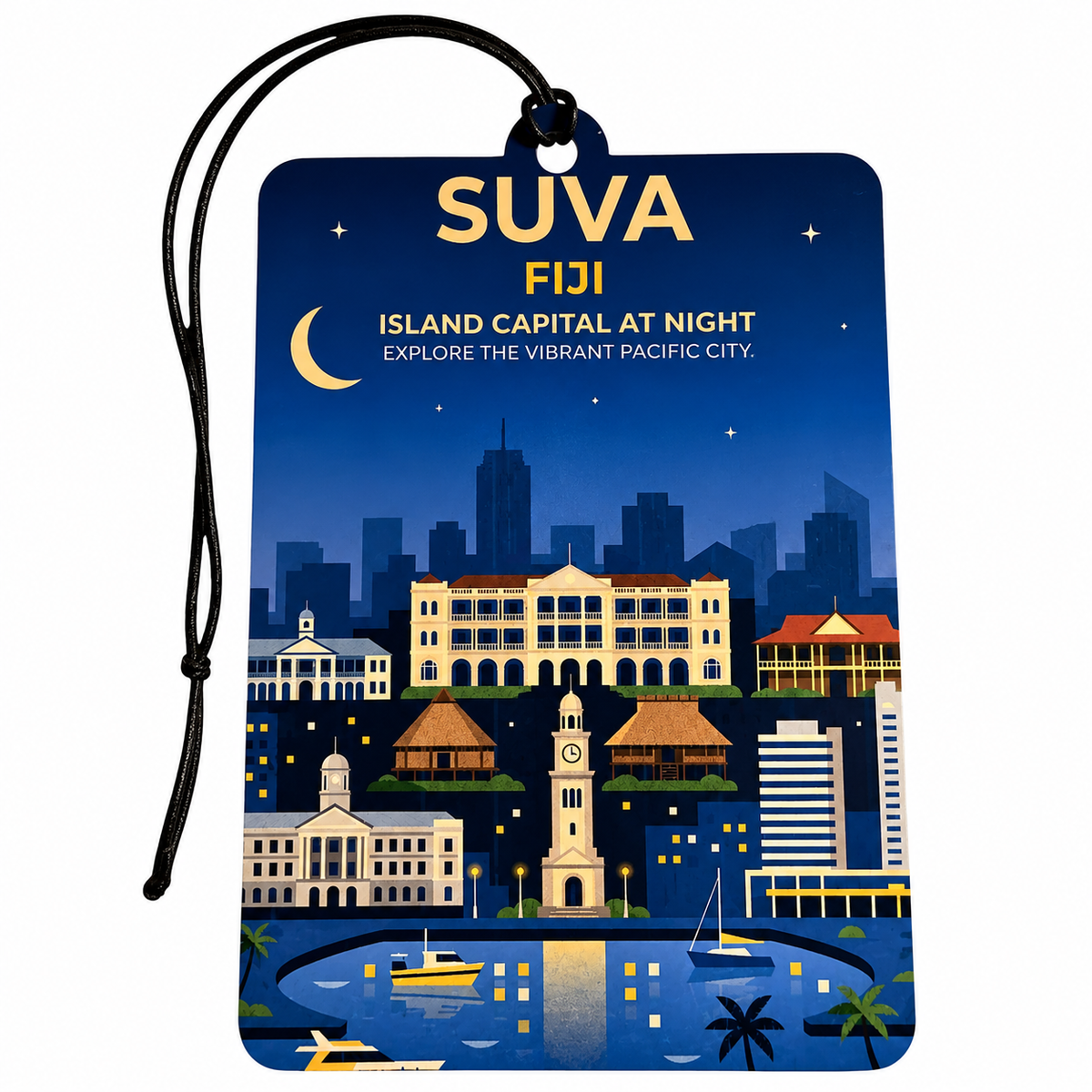 A rectangular luggage tag or car air freshener featuring a stylized illustration of Suva, Fiji, at night. The tag has a black hanging loop and is printed with the text 'SUVA FIJI' and 'ISLAND CAPITAL AT NIGHT' in white and gold lettering.
