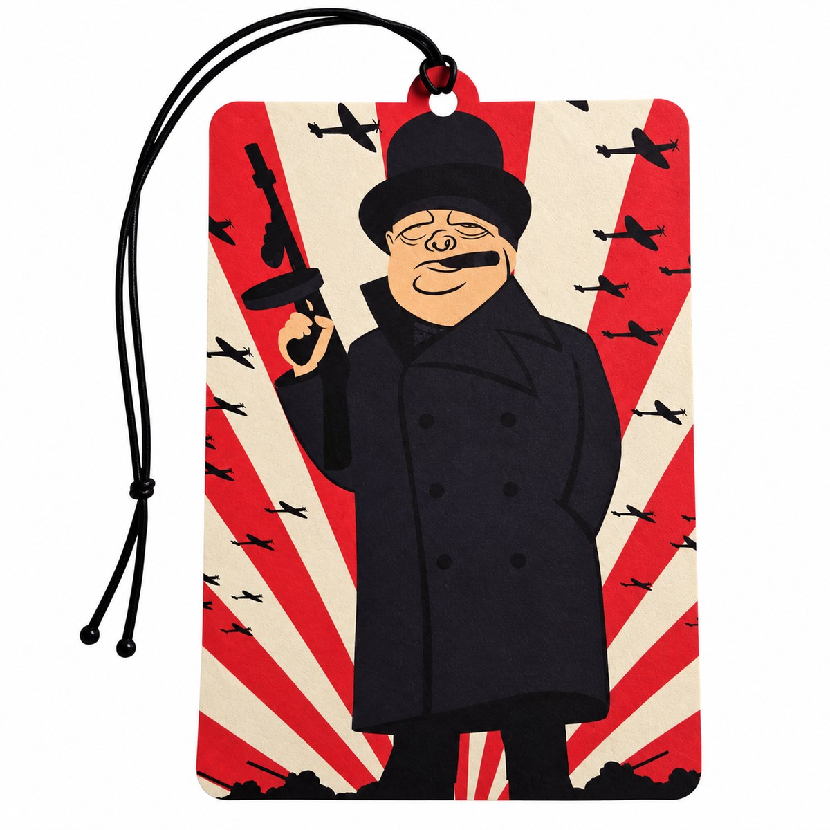 A rectangular hanging car air freshener or luggage tag with a black cord loop at the top. The tag features a stylized illustration of a man in a black top hat and coat holding a rifle, set against a red and cream sunburst background with small airplane silhouettes.