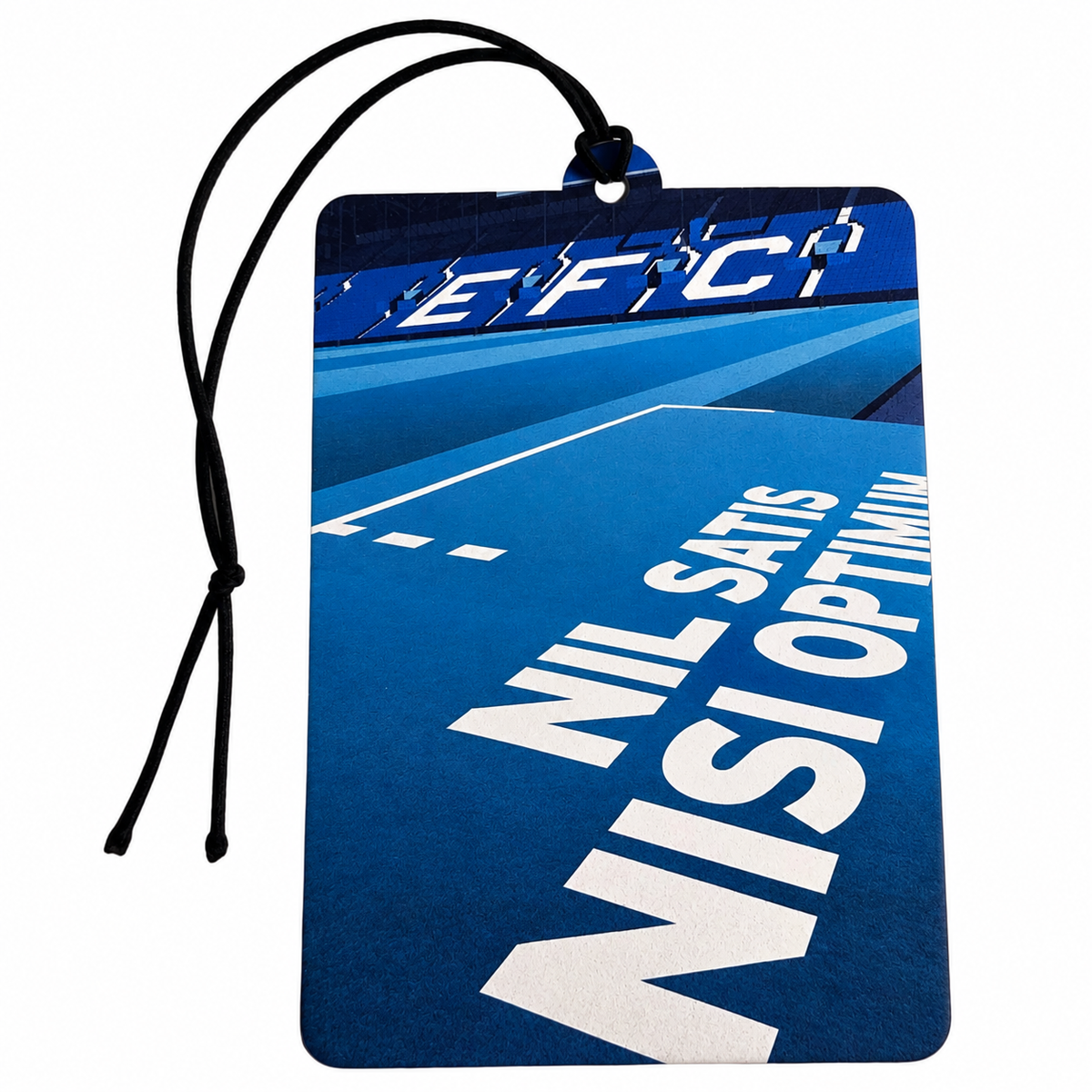 A rectangular blue car air freshener tag with a black hanging cord, featuring white text that reads 'NIL SATIS NISI OPTIMUS' and 'EFC' at the top, shown on a plain white background.