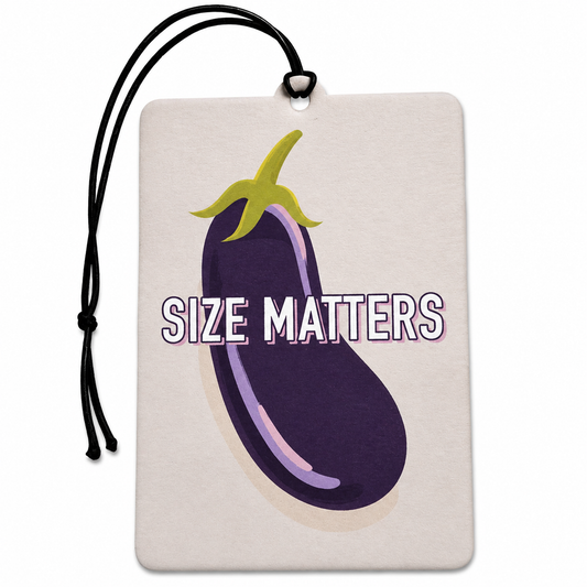 A rectangular beige tag or car air freshener with a black hanging cord, featuring a purple eggplant illustration and the text 'SIZE MATTERS' in white with a pink shadow effect, on a plain white background.