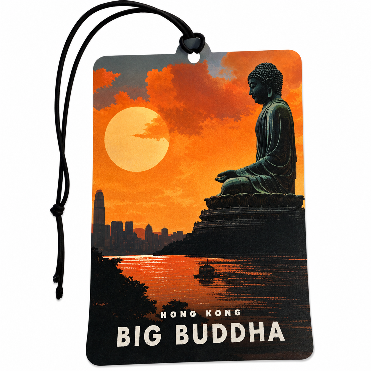 Hong Kong Big Buddha inspired car air freshener featuring a seated Buddha, vibrant orange sunset, harbour and Hong Kong inspired skyline design.