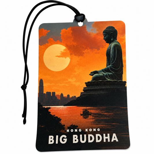 Hong Kong Big Buddha inspired car air freshener featuring a seated Buddha, vibrant orange sunset, harbour and Hong Kong inspired skyline design.